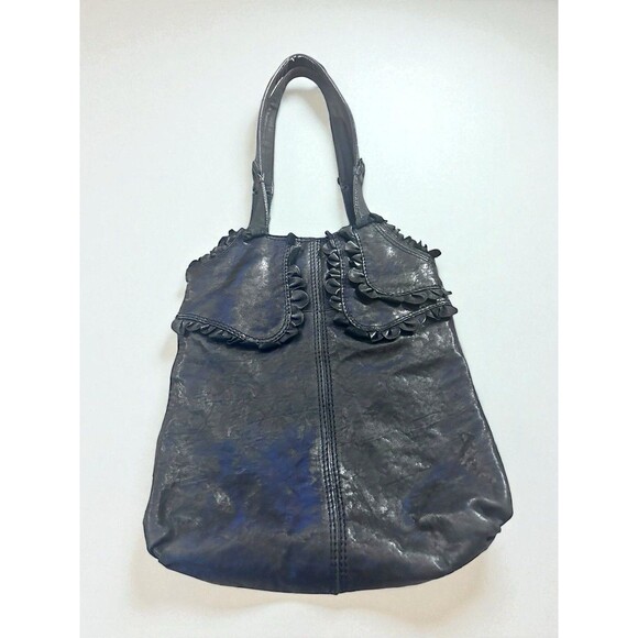 Vtg Lucky Brand Black Leather Double Handles Rockin Ruffles Tote Shoulder Bag - Picture 1 of 12